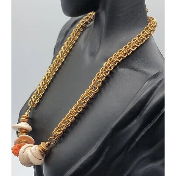 Miriam Haskell Puka Shell Raw Coral Necklace Vintage 15" Gold Tone Wheat Chain - Picture 8 of 16
